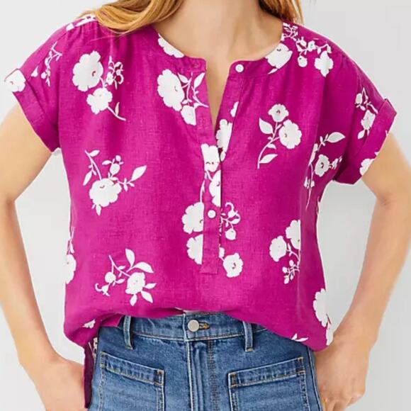 Ann Taylor Tops - Ann Taylor Floral Linen Framed Popover Short Rolled Sleeve Pink Magenta Large